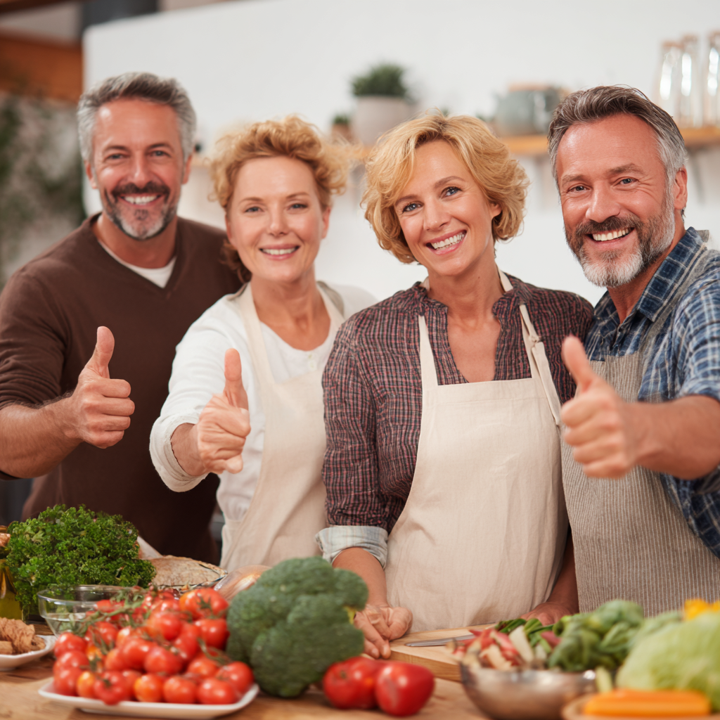 Group of satisfied middle-aged adults showing healthy meal preparation results