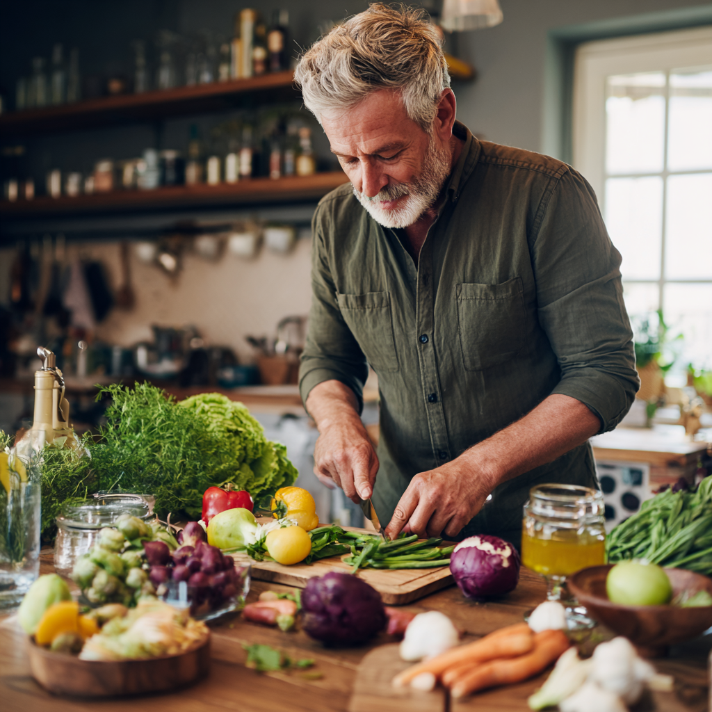 Mature adult preparing fresh vegetables and healthy ingredients on kitchen counter