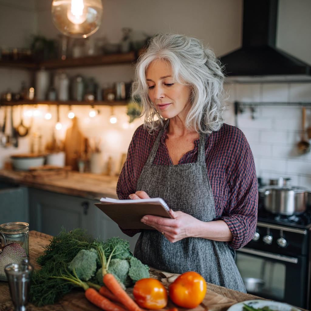 Middle-aged woman planning healthy meals in modern kitchen